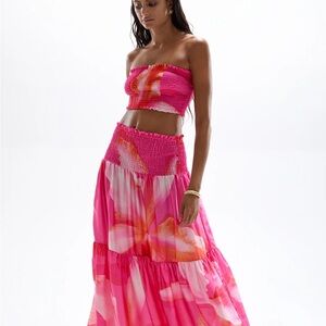 Women's Pink Maxi Skirt - Smocked Waist, Floral Print